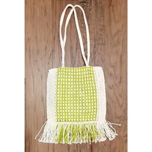 Anju Millie Bag - Knitted Raffia Bag with Fringes Lime Green and White